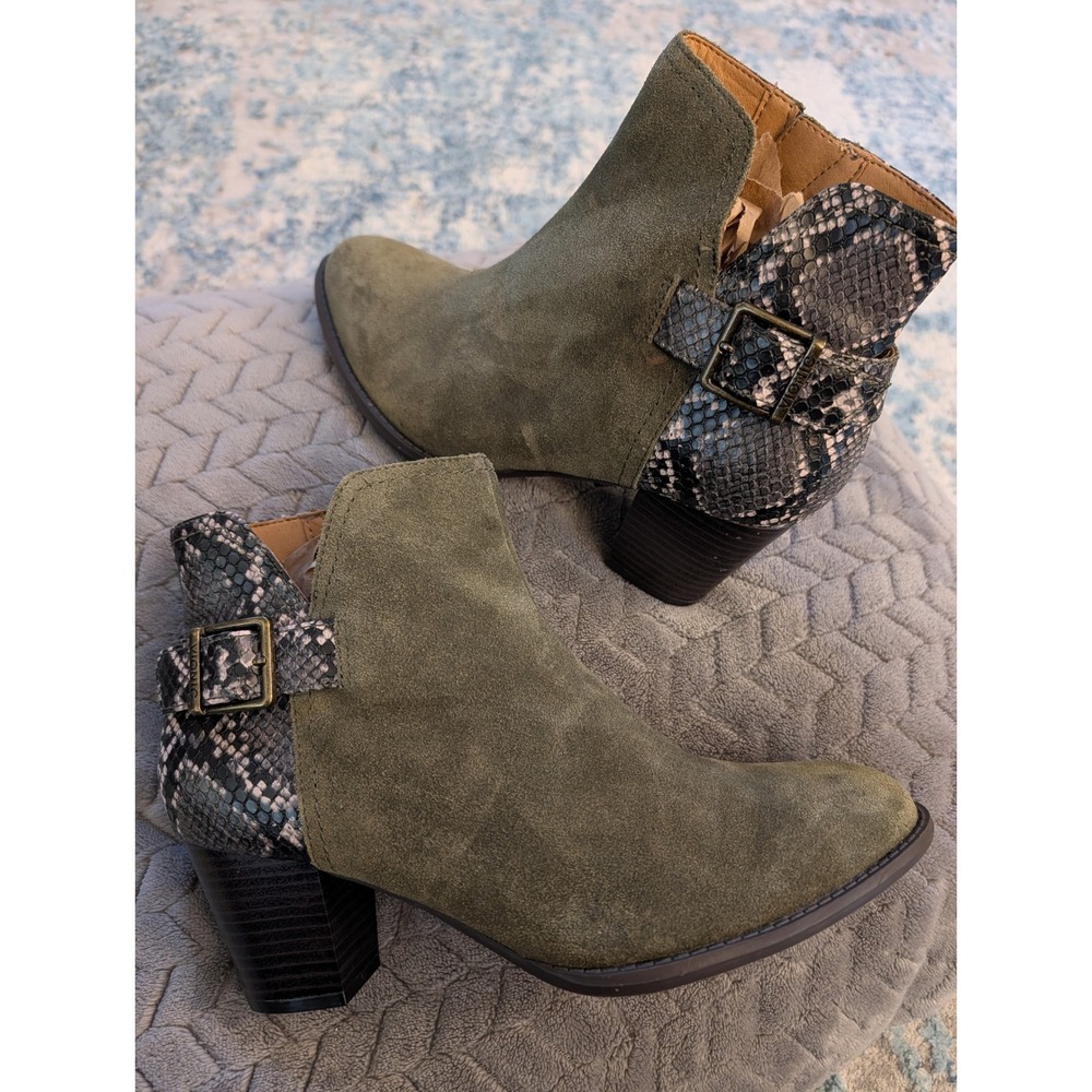 Vionic Naomi Olive Green Suede Snakeskin Ankle Boots Buckle Block Heel 8.5